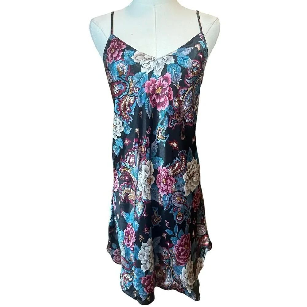 VINTAGE 90s Made USA Satin Floral Slip Mini Dress SZ Large Romantic Whimsigoth